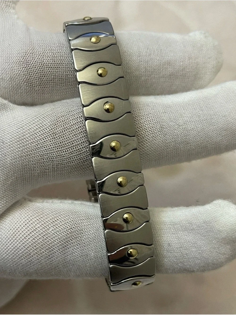 Vintage Milor Italy Men's Stainless Steel & Solid 18K Gold Wave Link Bracelet